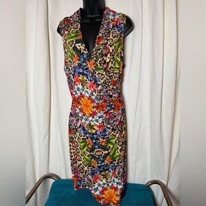 Nicole Miller Leopard Jungle Form Fitting Sleeveless MIDI Dress Womens Sz L